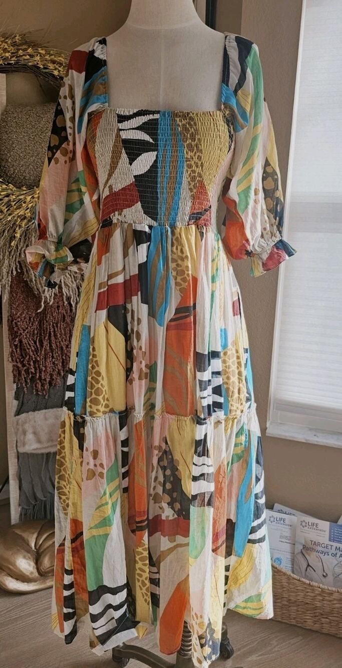 Fate Women’s Dress Colorful Abstract BohoSmocked Bubble Sleeves 100% Cotton Sz S